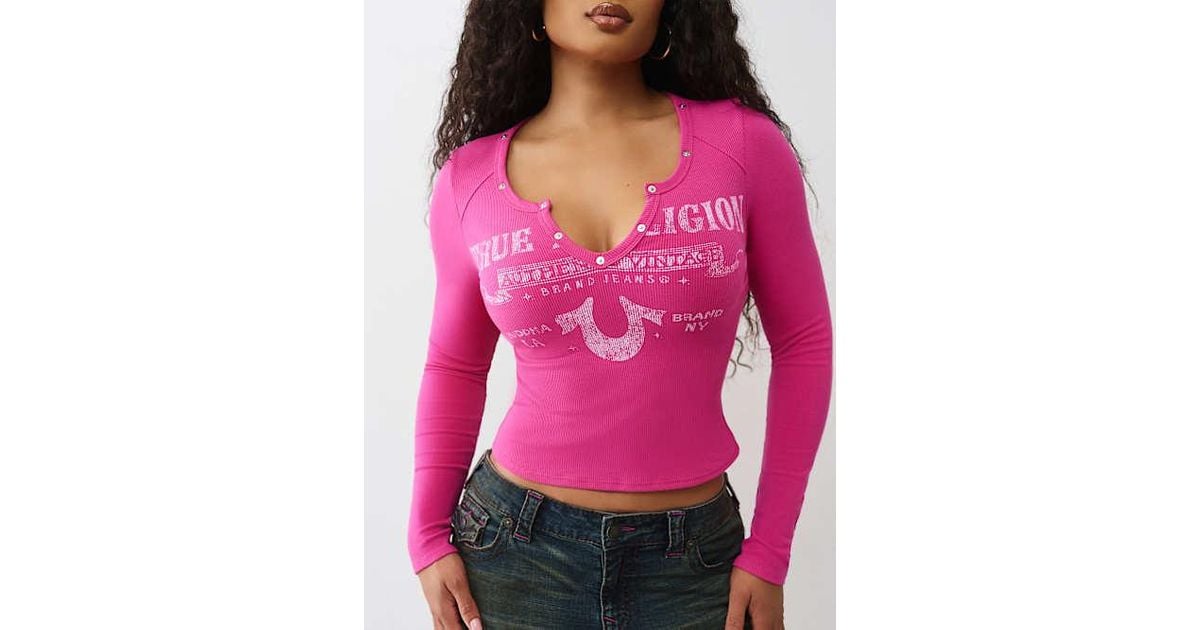 TRUE RELIGION Ribbed V Notch Long Sleeve T-shirt in Pink Lyst