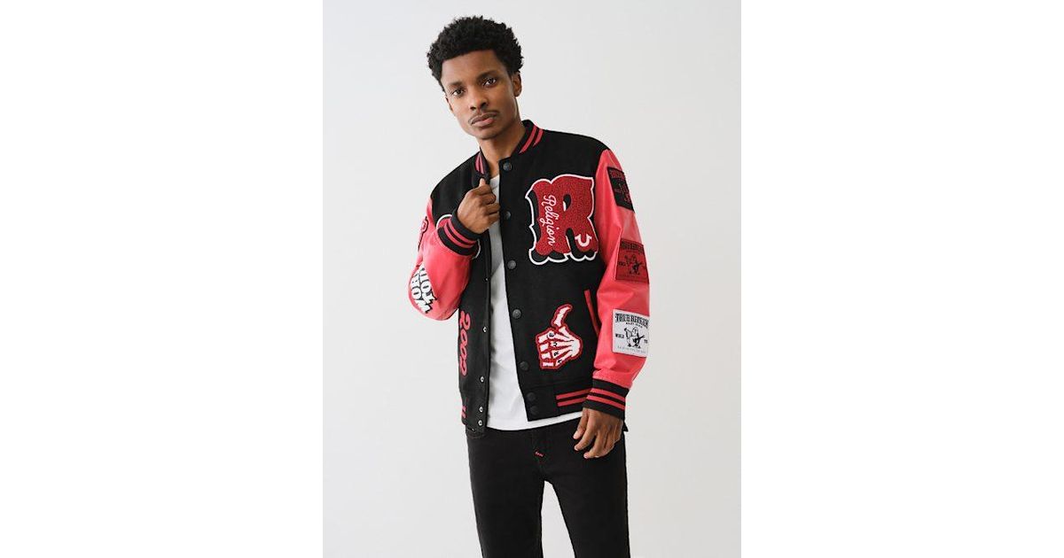 True Religion Chenille Logo Patch Varsity Jacket in Red for True Religion Chenille Logo Patch Varsity Jacket in Red for
