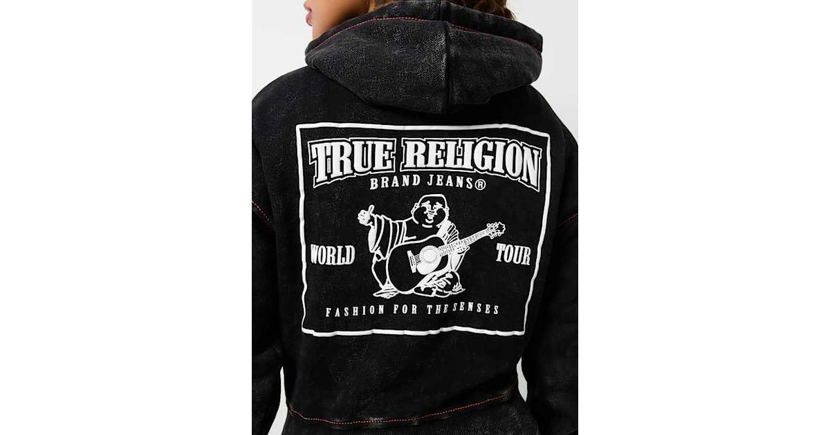 True Religion Vintage Wash Logo Crop Hoodie in Black | Lyst