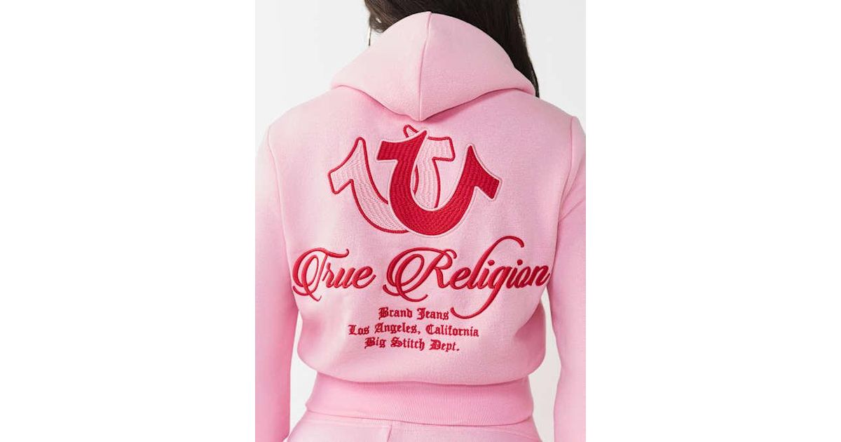 TRUE RELIGION Embroidered Big T Shrunken Zip Hoodie in Pink | Lyst