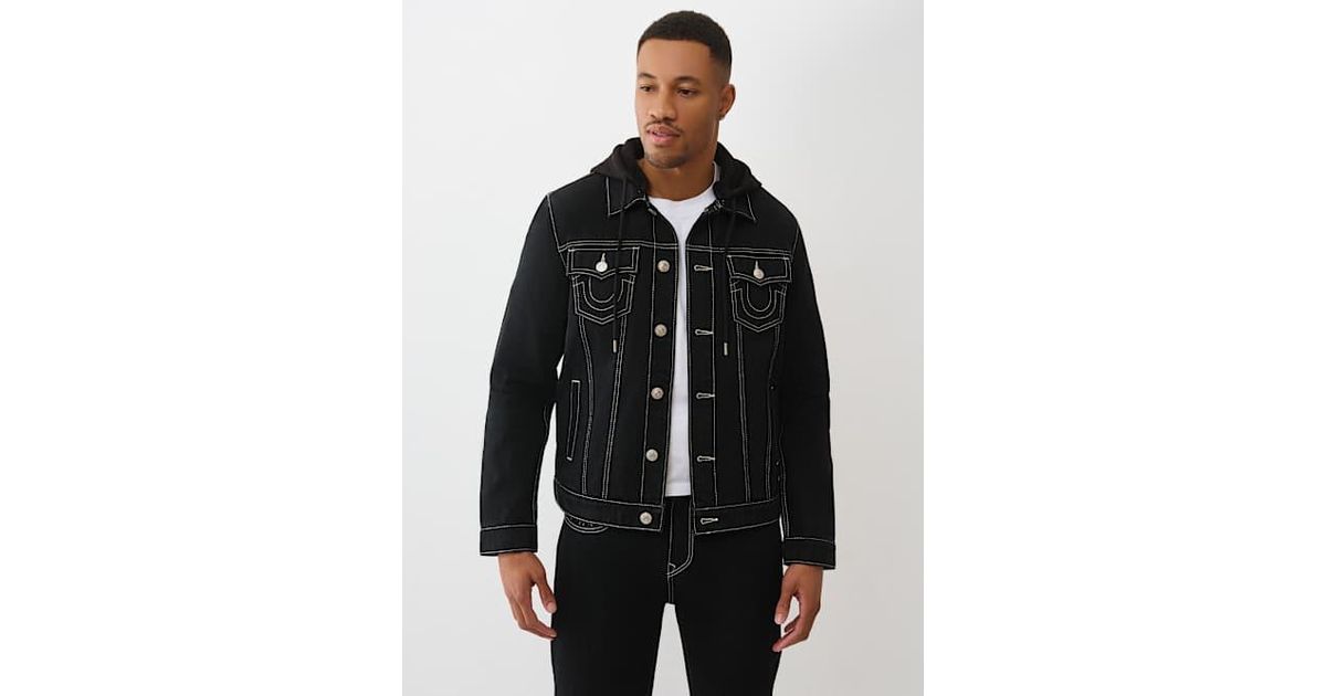 TRUE RELIGION Jesse Denim Hoodie Trucker Jacket in Black for Men 