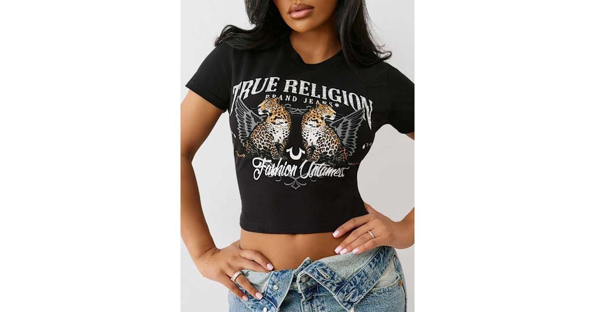 売れ筋商品|||トゥルーレリジョン カットソー トップス レディース Women's Crystal Leopard Baby T-Shirt Jet Black True Religion Women's Crystal Leopard Baby T-Shirt