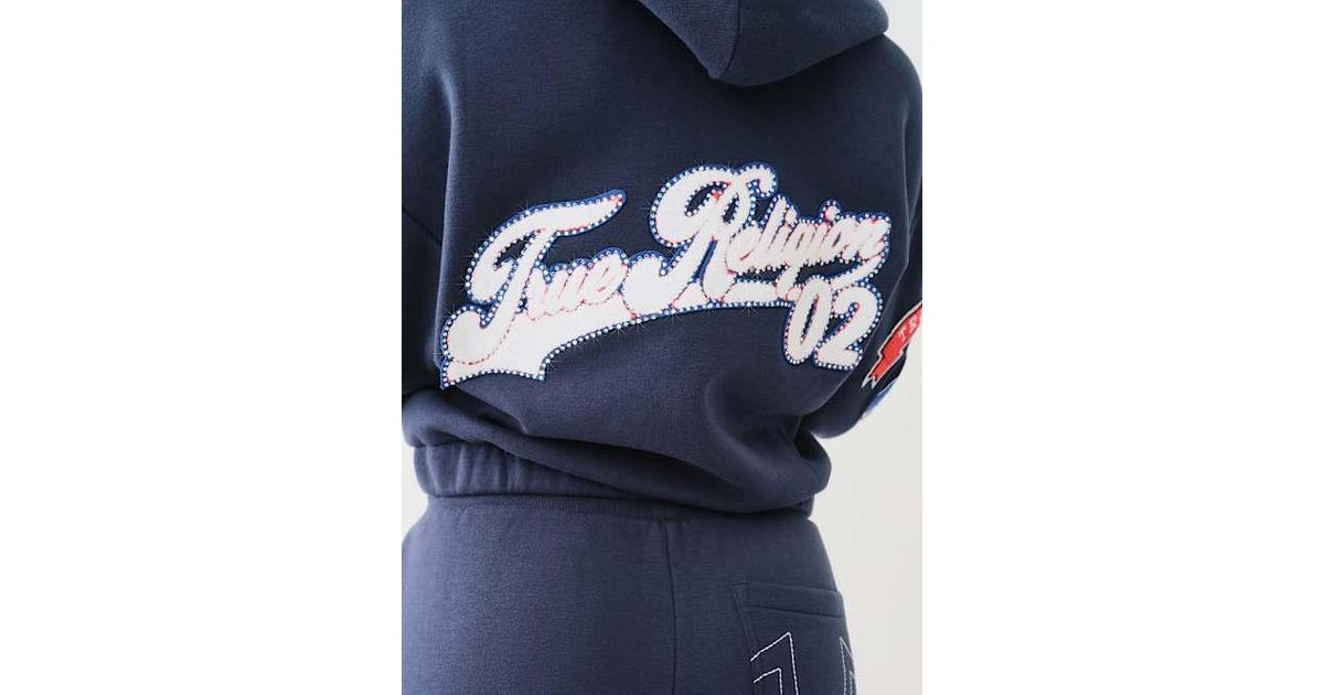 TRUE RELIGION Crystal Patch Zip Varsity Hoodie in Blue | Lyst