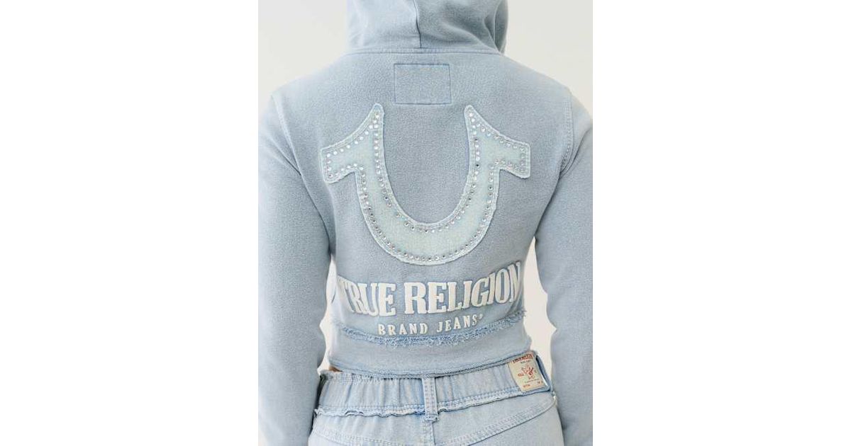TRUE RELIGION Raw Edge Big T Shrunken Zip Hoodie in Blue | Lyst