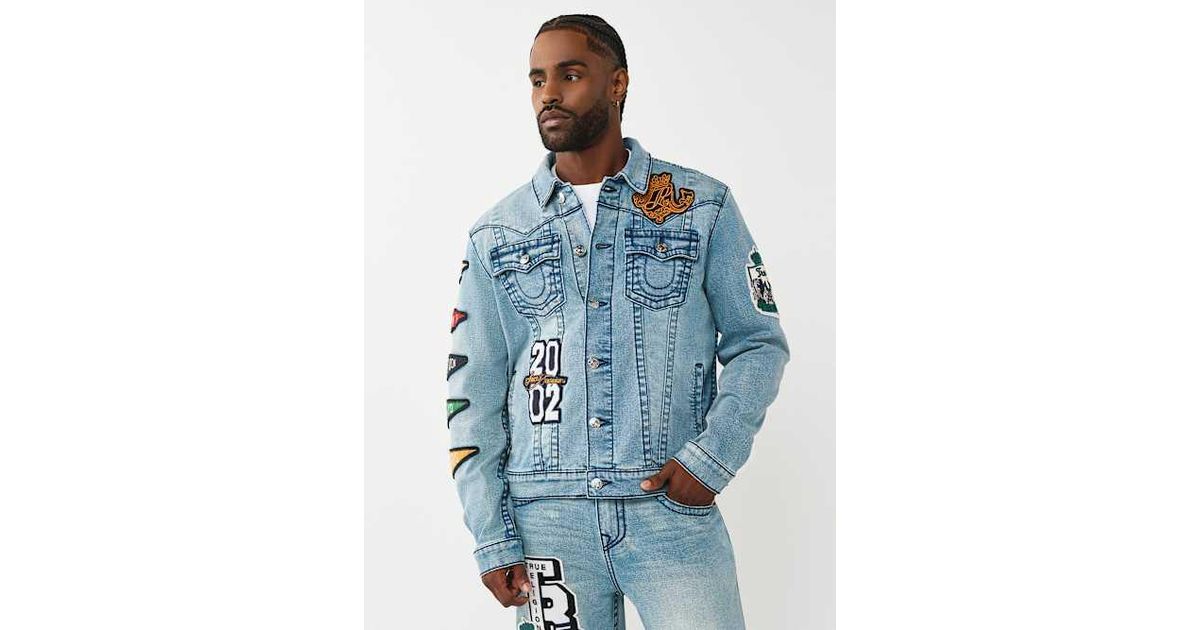 TRUE RELIGION Jimmy Varsity Patch Big T Denim Jacket in Blue for