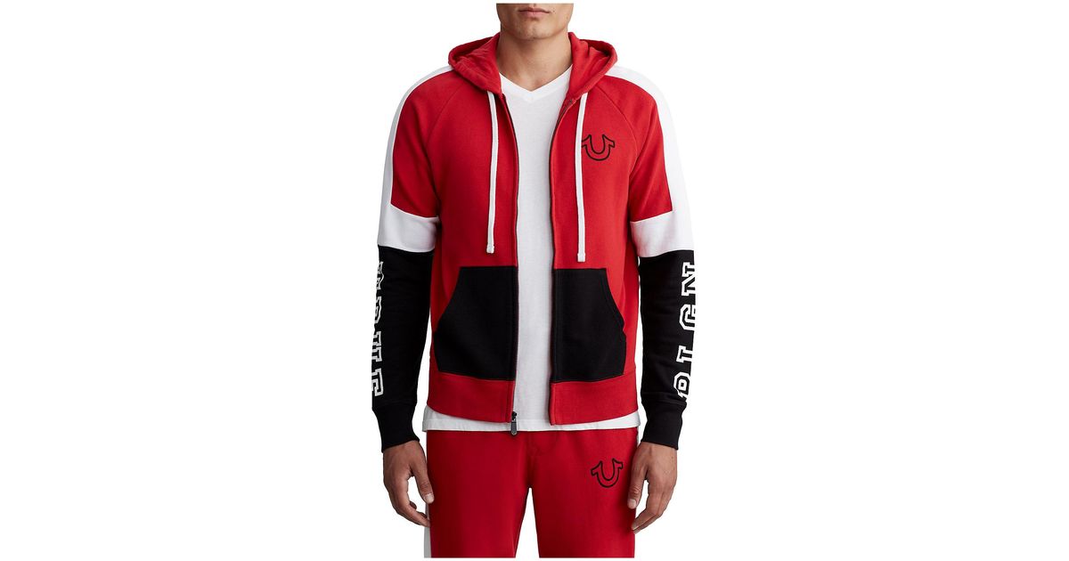 True Religion Cotton Colorblock Zipup Hoodie in Red/White/Black (Red
