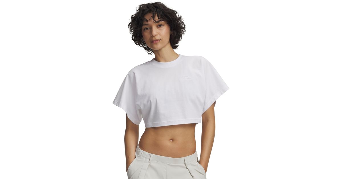Under Armour Cropped Script Short Sleeve in White | Lyst