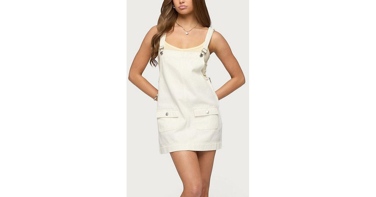 Edikted Overall Denim Mini Dress in White | Lyst