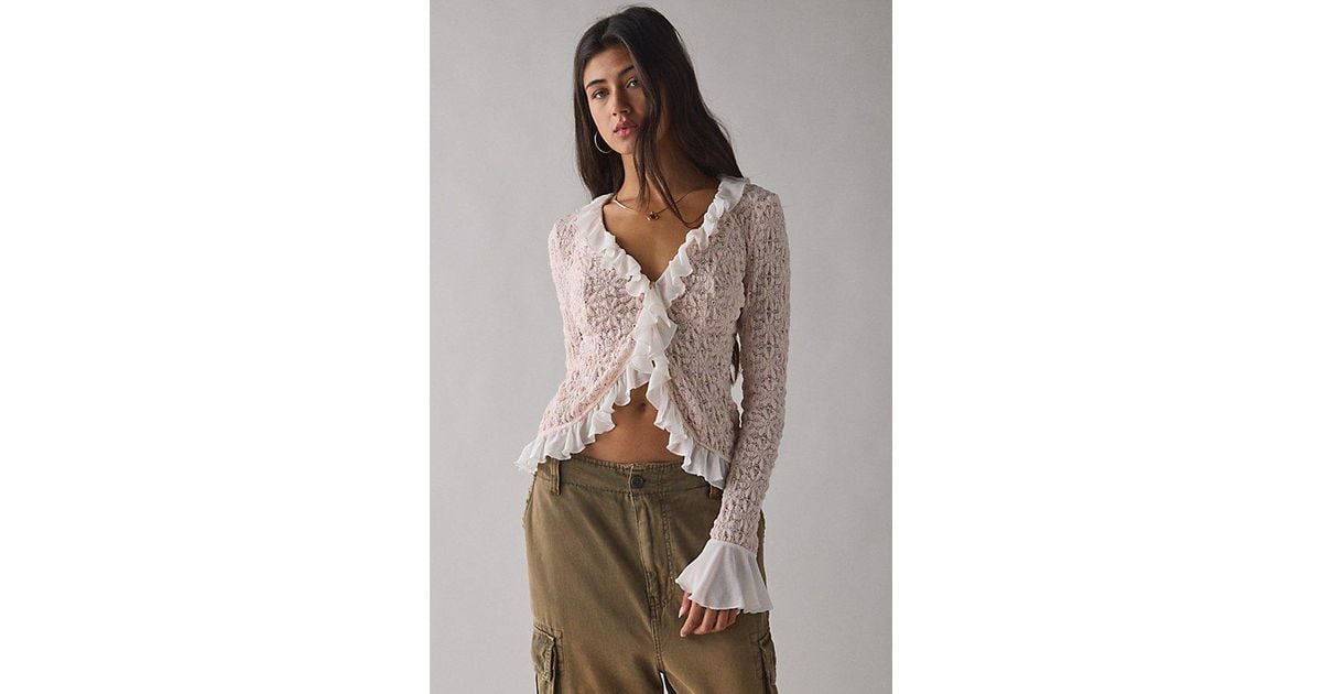 Kimchi Blue Libby Ruffle Trim Flyaway Lace Cardigan Top in Pink | Lyst