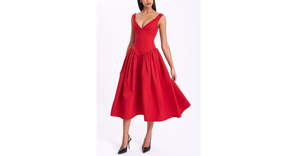 green emerald velvet dress Red Ruched Drop Waist Thalia Midi Dress main image 1