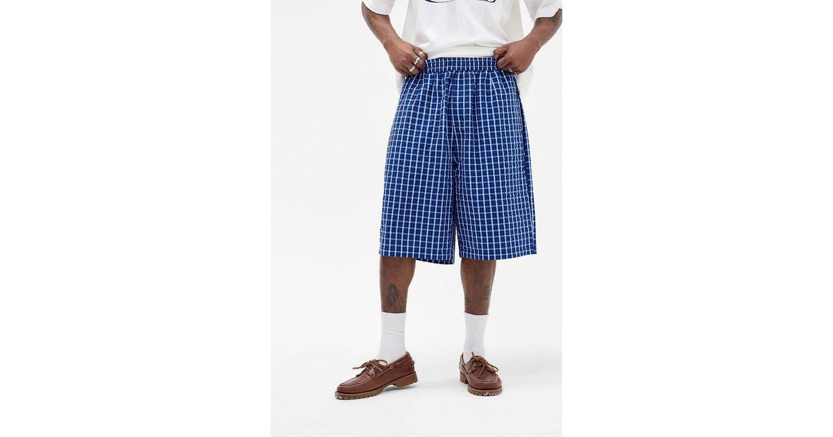 パンツ 00s seersucker wide check baggy shorts iets-frans-Blue-Seersucker-