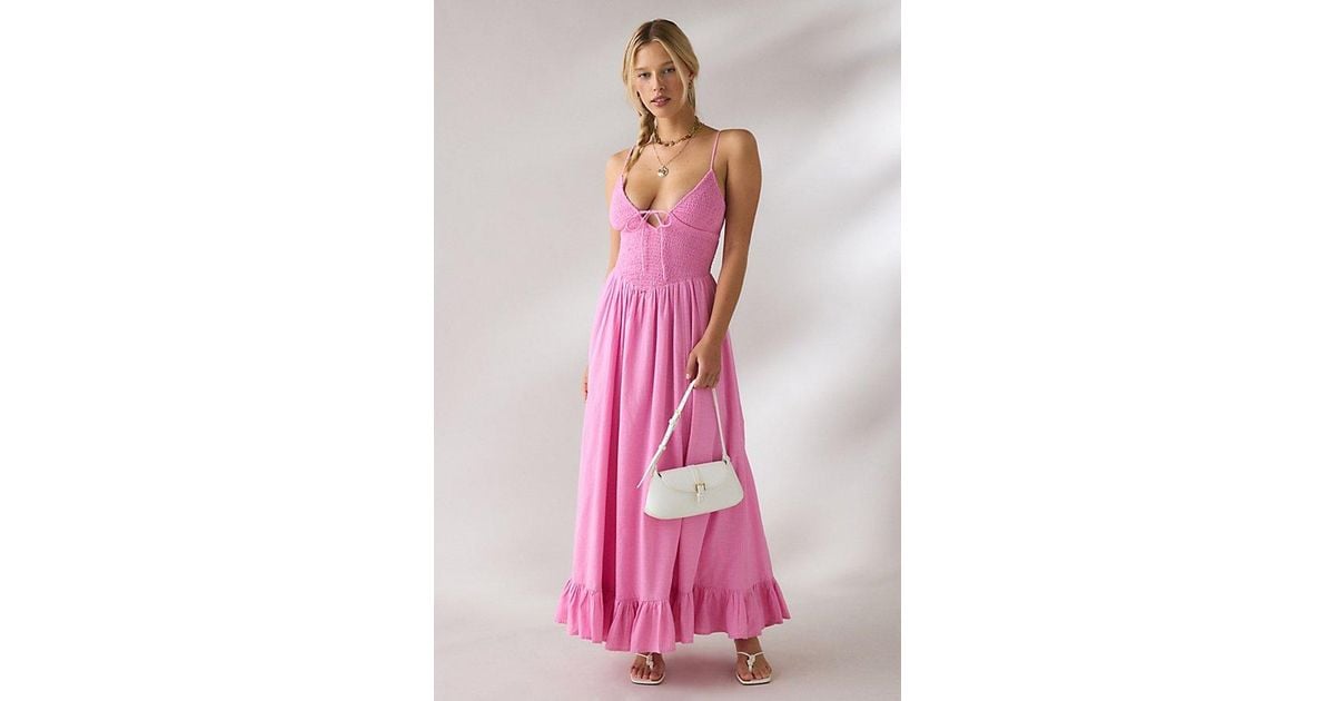 Kimchi Blue Keepsake Tie-Front Smocked Cotton Maxi Dress in Pink | Lyst
