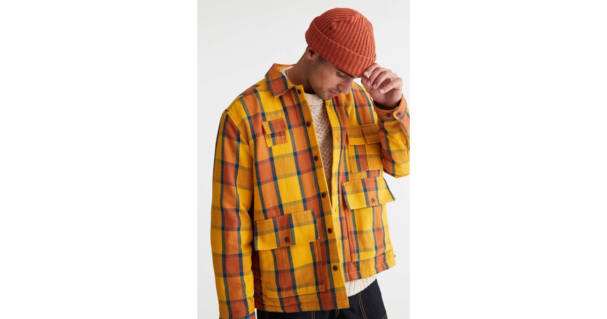 Orange Plaid Color Block Patchwork Shirt Jacket with Pocket