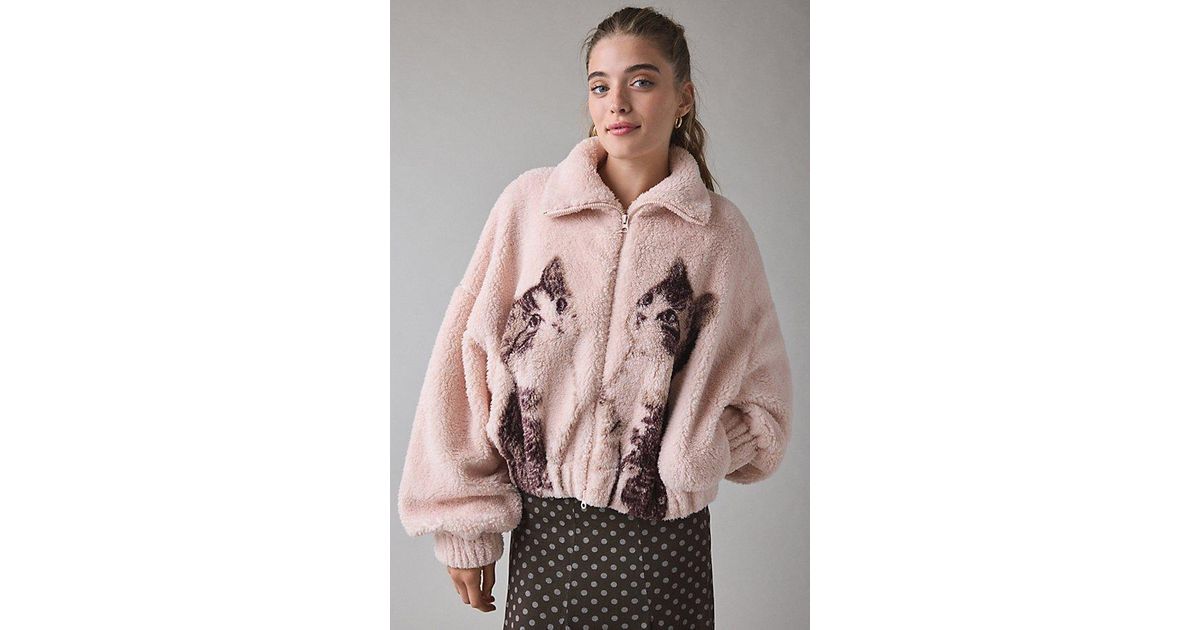Kimchi Blue Snow Bunny Printed Piled Fleece Zip-Up Jacket in Pink