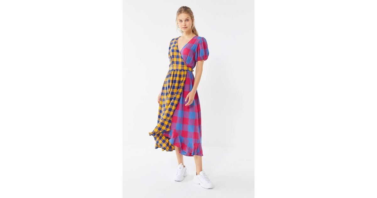 uo anna linen mixed plaid midi wrap dress