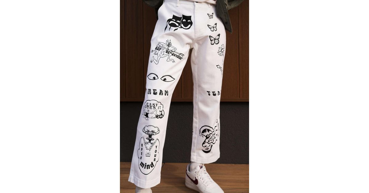 Obey Printed Carpenter Pant in White 