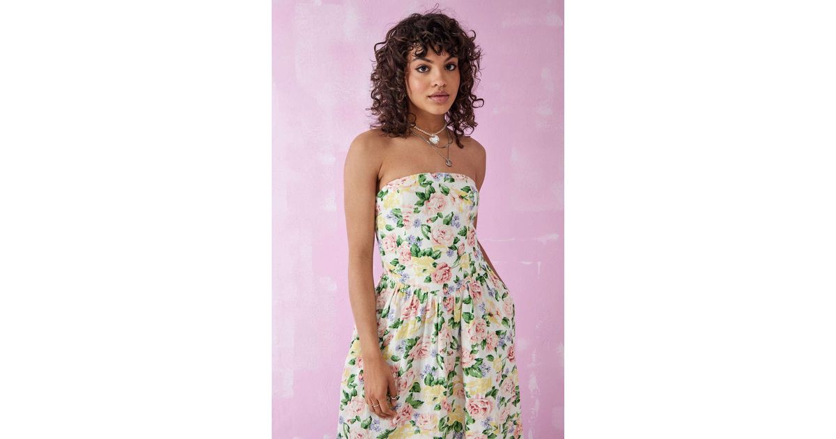 Urban Outfitters Uo Beth Floral Bandeau Linen Midi Dress in White | Lyst