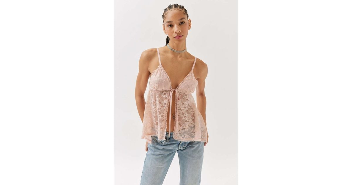 Urban Outfitters Uo Roxie Sheer Lace Flyaway Cami In Pink,at in Blue