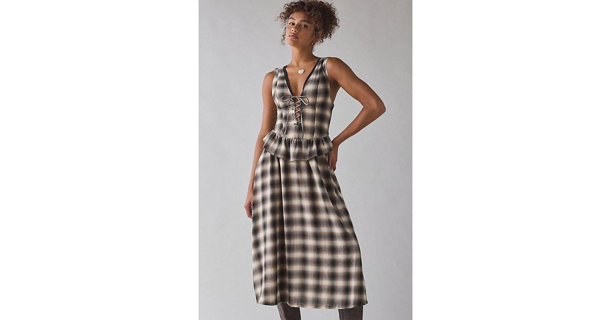 Urban Outfitters Uo Perfectly Plaid Lace-Up Ruffle Midi Dress | Lyst