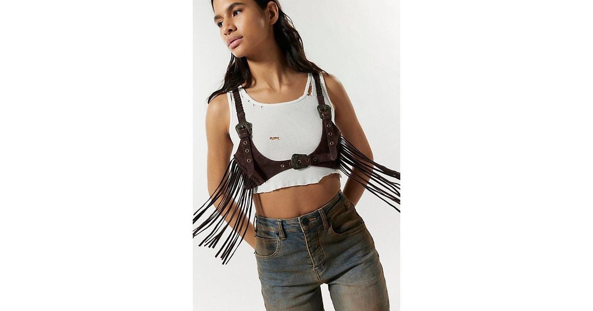 Urban outfitters Black Leather Fringe Harness Top large Fringe Vegan Leather Harness Top – Festival Rave Fashion  main image 3