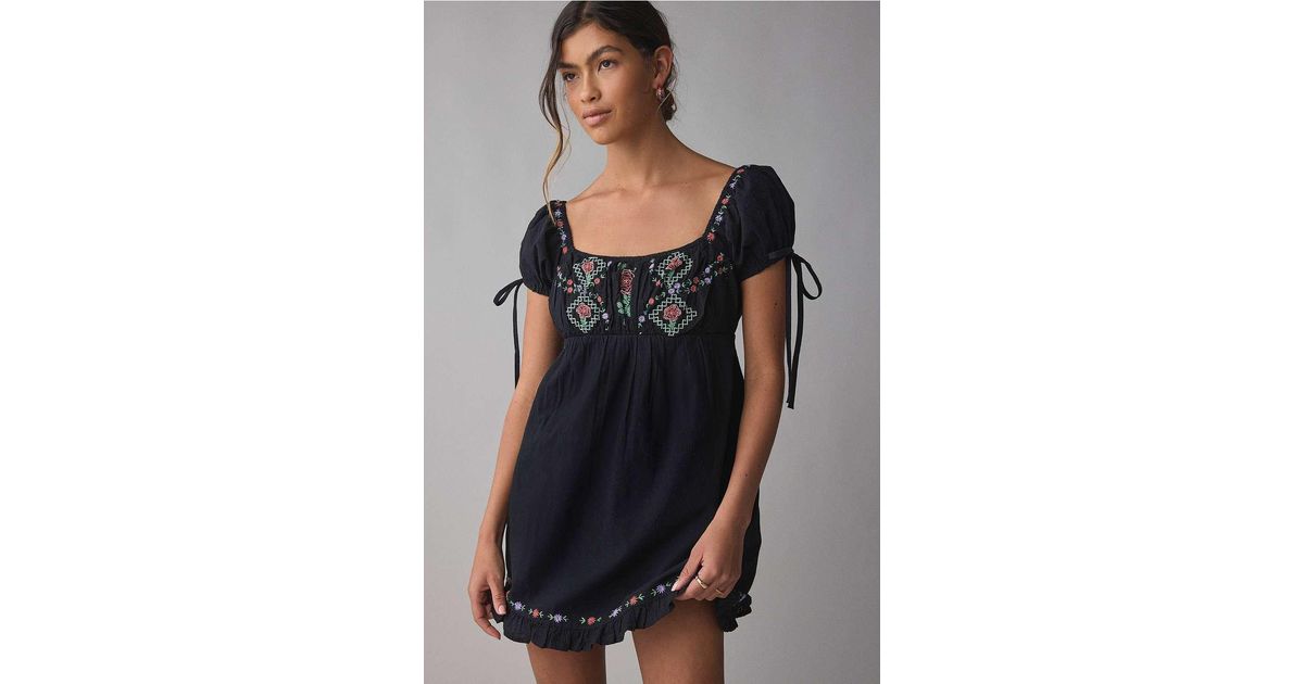 Kimchi Blue Marcella Embroidered Tie-back Babydoll Mini Dress in Black |  Lyst UK