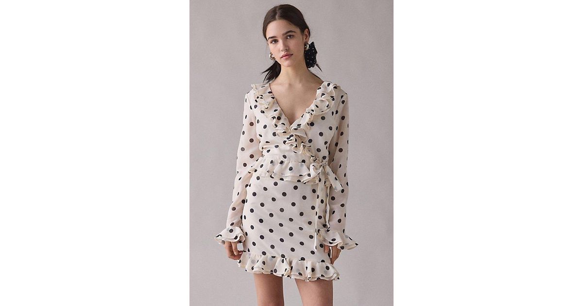 cream polka dot bardot frill sleeve draped midi dress Bardot Frill Detail Polka Dot Long Sleeve Mini Dress in White