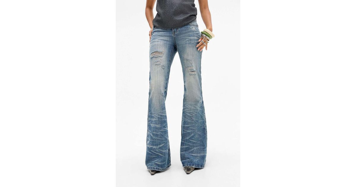 Jaded London Mid Blue Distressed Creased Drift Flared Jeans | Lyst UK