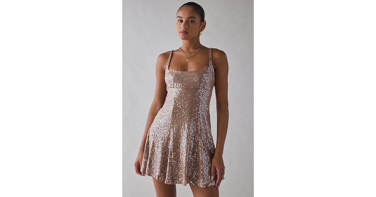 liv sequin fit and flare dress Urban Outfitters UO Liv Sequin Open Back Fit-And-Flare Mini Dress