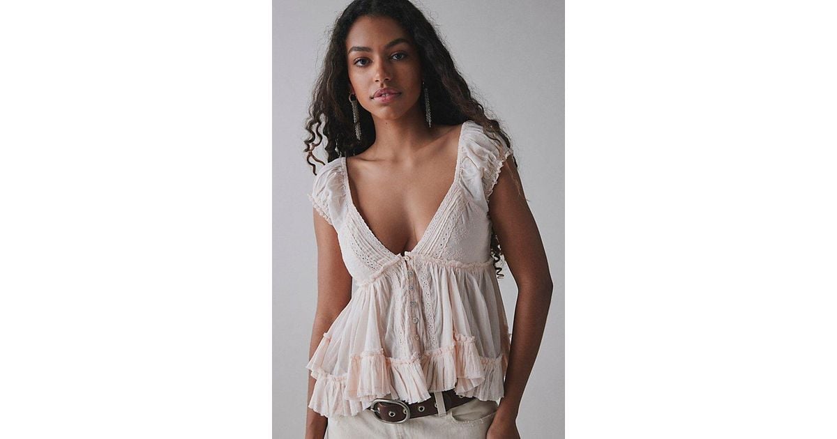 Kimchi Blue Izzy Lace Trim Button-Front Babydoll Blouse in Pink | Lyst