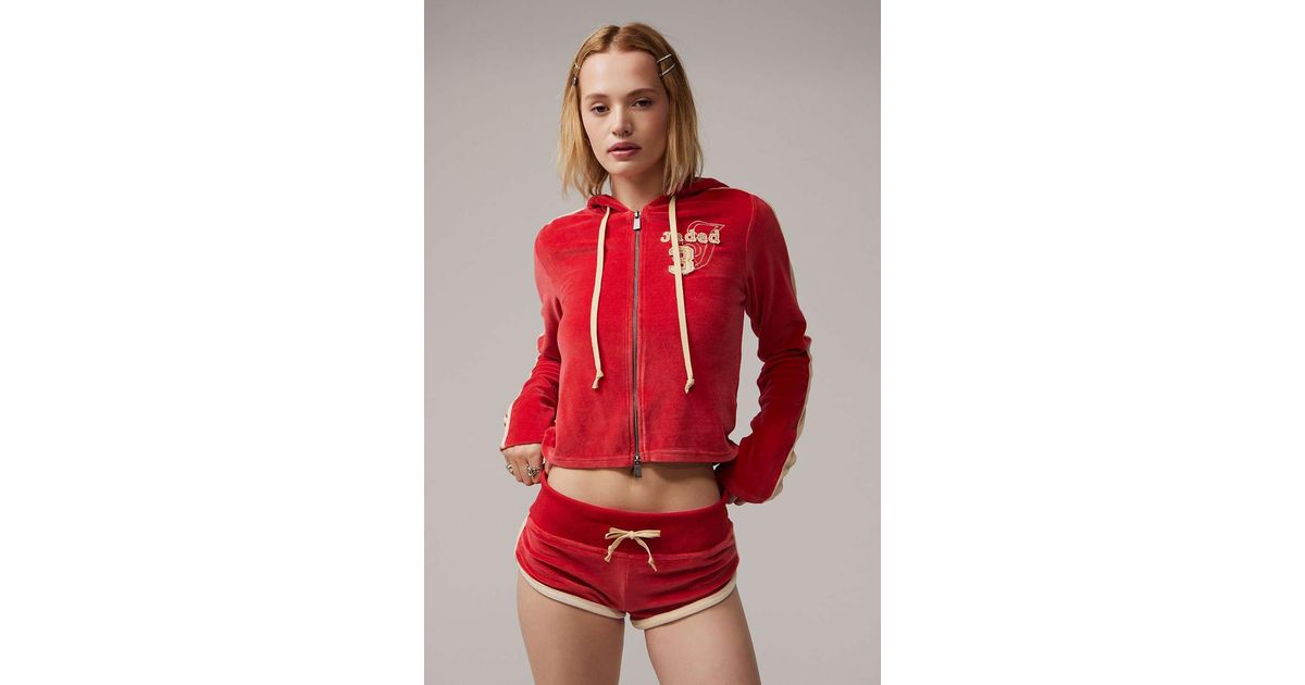 Jaded London Three Velour Fitted Hoodie in Red | Lyst UK