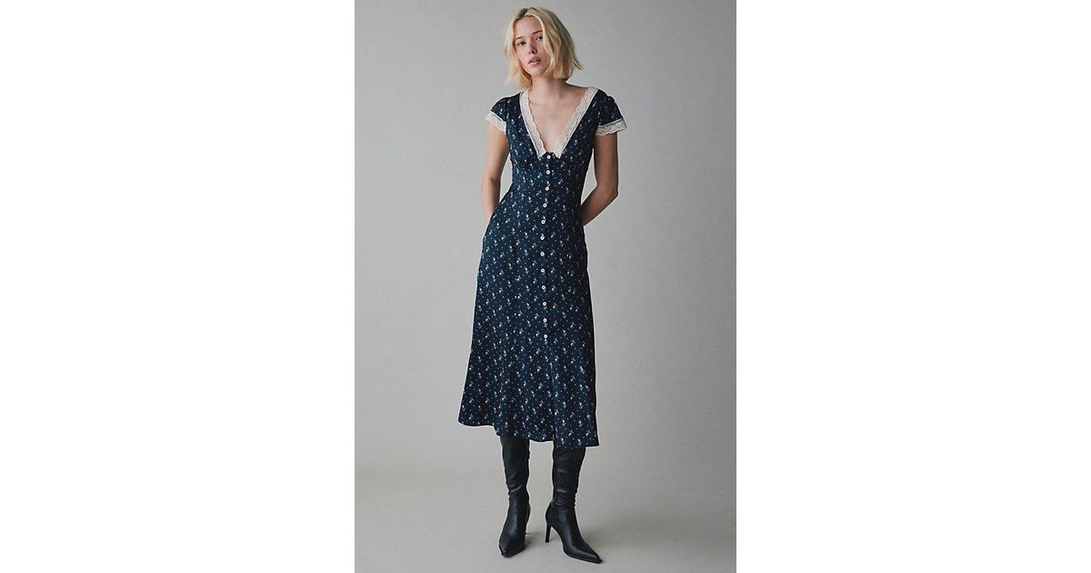 Kimchi Blue Faye Lace Trim Button-Down Midi Dress in Blue | Lyst