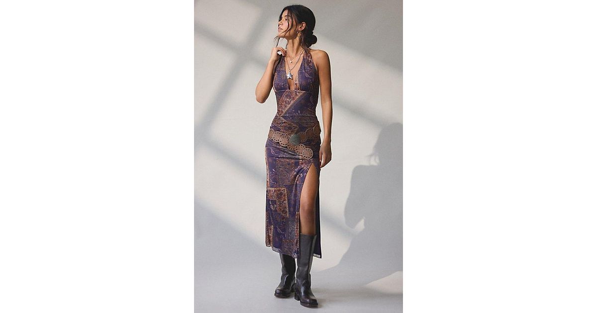 uo deep plunge halter ruched mesh midi dress Urban Outfitters in Purple Elegant girls wedding guest dress