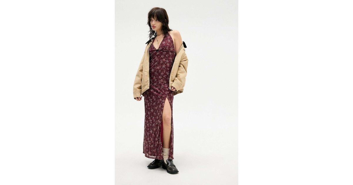 Urban Outfitters Uo Floral Halterneck Mesh Maxi Dress in Red | Lyst UK