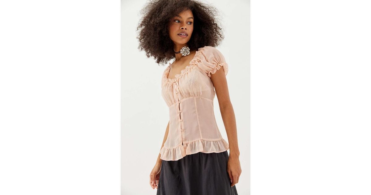 Urban Outfitters Uo Angie Semi-sheer Puff Sleeve Blouse in Pink | Lyst ...