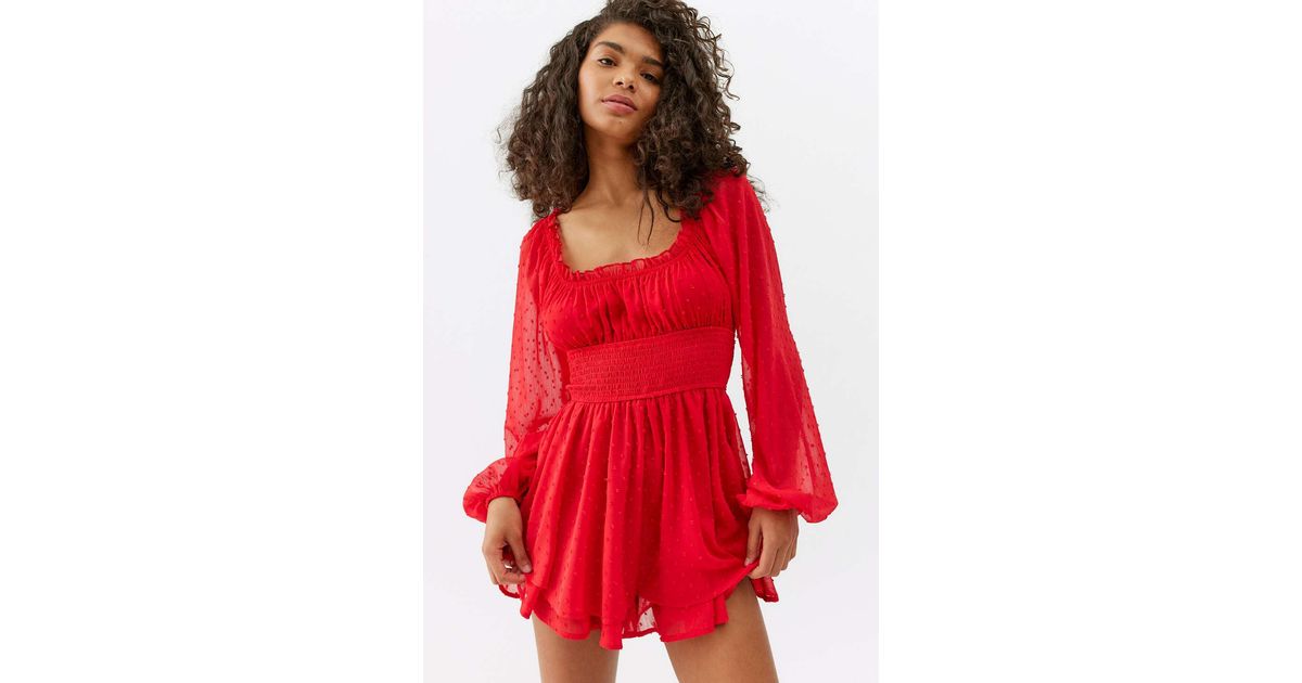 Urban Outfitters Uo Rosie Smocked Long Sleeve Romper In Red Lyst