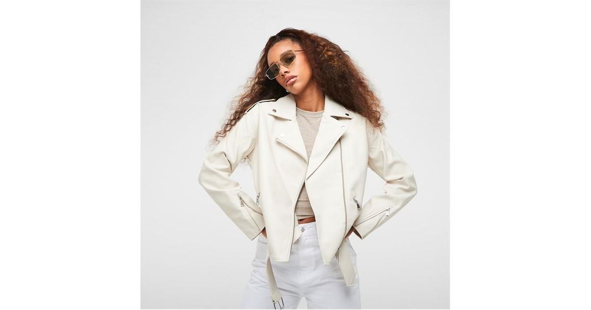 Missguided Faux Leather Boyfriend Belted Biker Jacket in White Lyst UK
