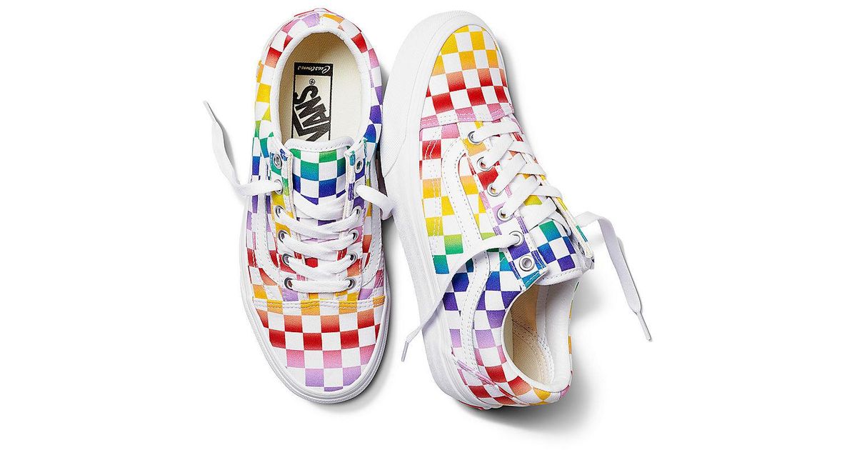 rainbow checkerboard slip on vans