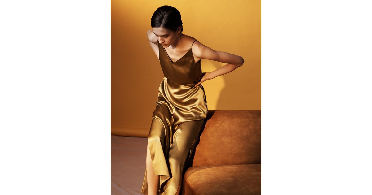 Varana Chartreuse Silk Satin Alila Maxi Cami Dress in Metallic | Lyst