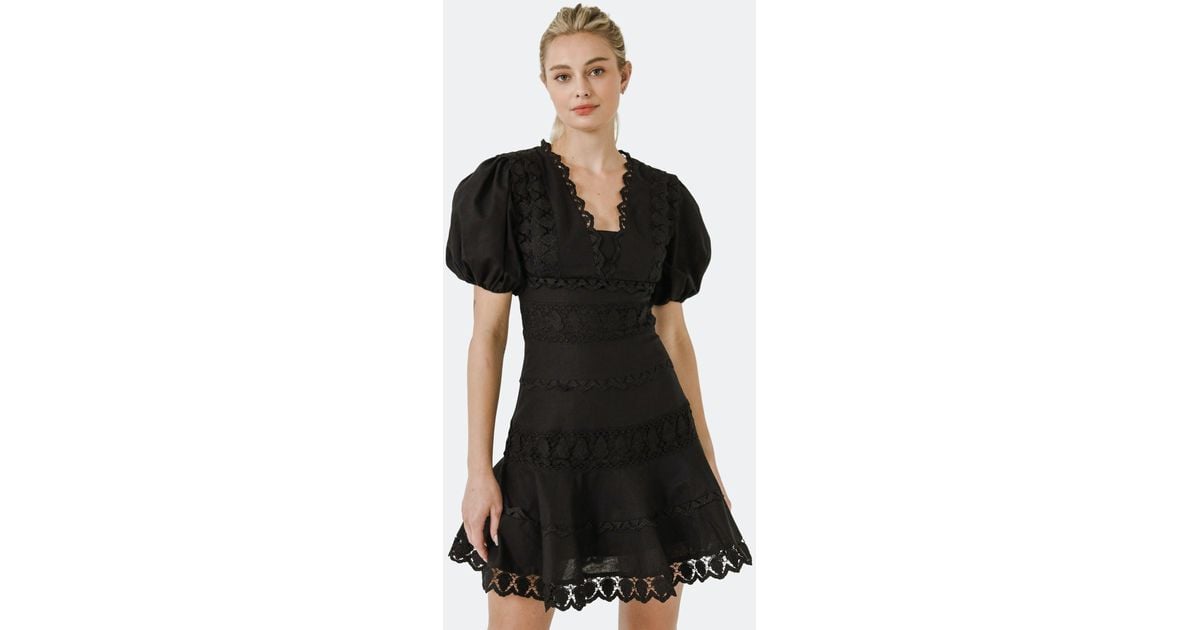 Plunging Lace Trim Dress with Puff Sleeve – Endless Rose