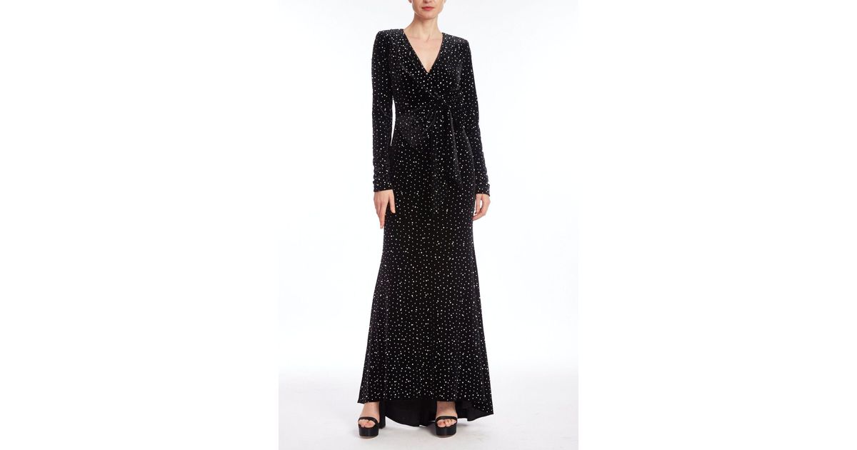 Badgley Mischka Long sleeved Pearled Velvet Column Gown With Bow