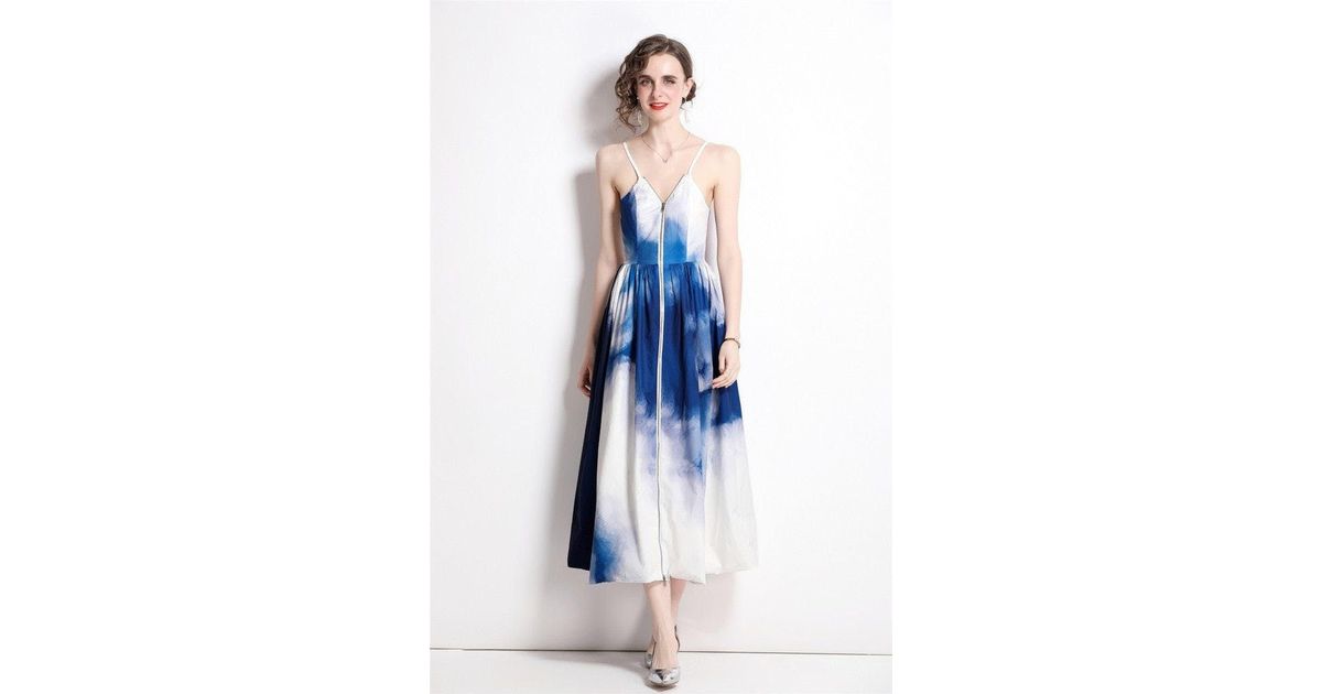 Kaimilan White & Blue Day A-line Strap Maxi Dress | Lyst