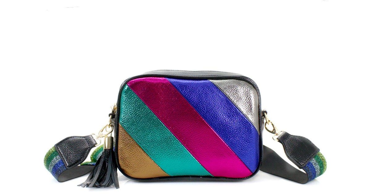 Sostter Multi Stripe Vegan Leather Tassel Cross Body Camera Bag in