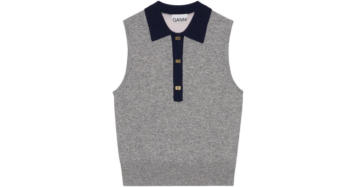 Ganni Cashmere Mix Sleeveless Polo in Gray | Lyst