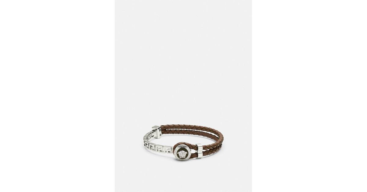 Versace Greca Braided Leather Bracelet in White for Men | Lyst