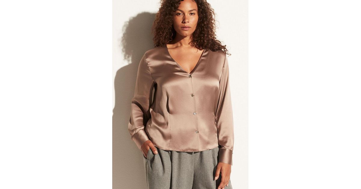 Vince Silk Long Sleeve V-neck Button 