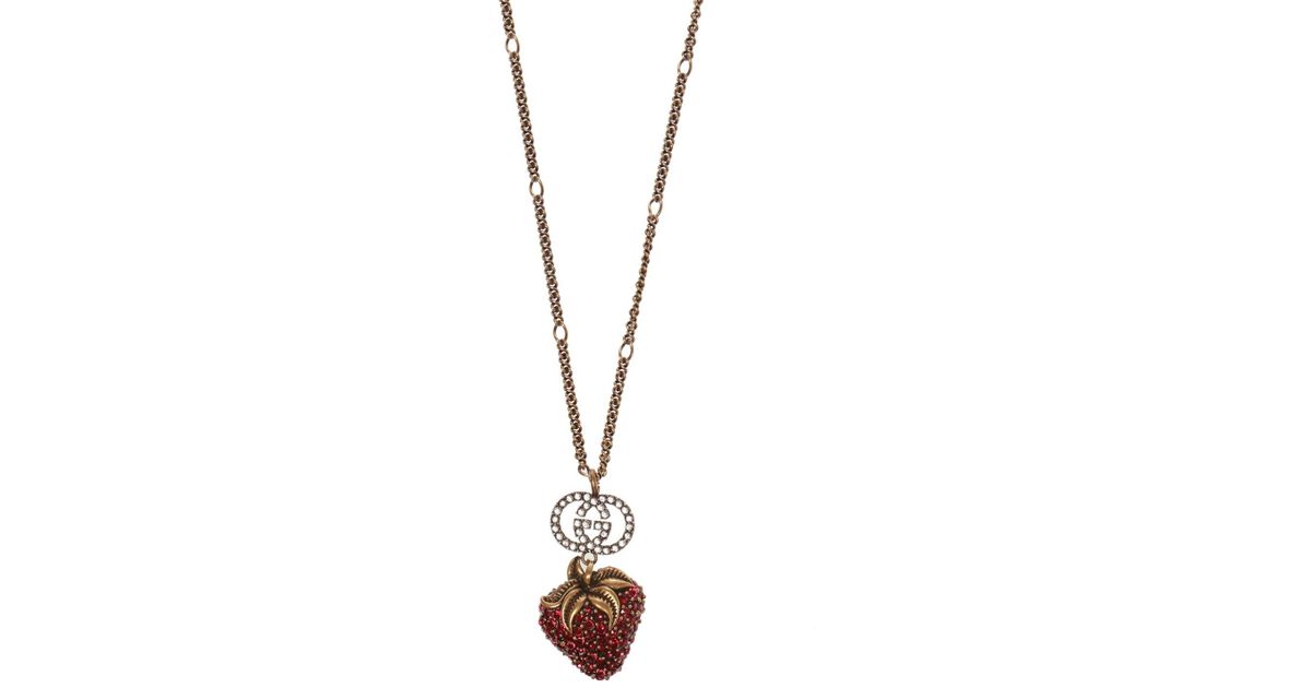 Gucci Crystal Interlocking GG Strawberry Pendant Necklace - Gold-Tone Metal Pendant  Necklace, Necklaces - GUC1353271