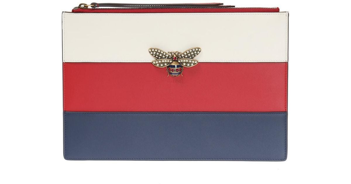 Gucci Leather Bee Clutch in Navy Blue 