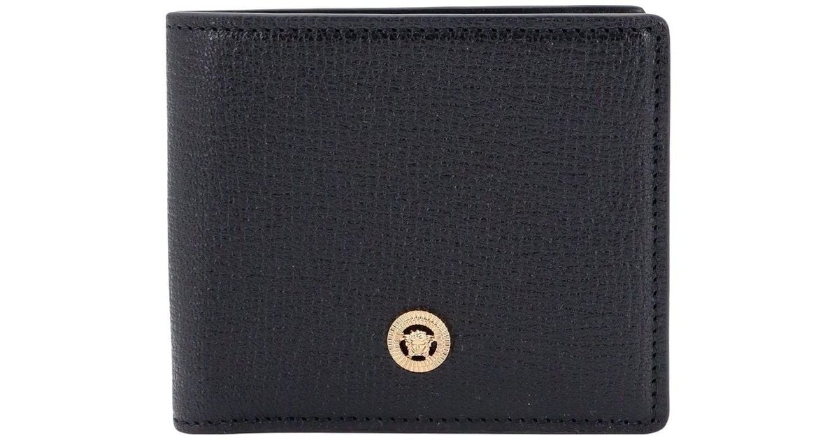 Versace Leather Wallet With Iconic Metal Medusa In Blue For Men 