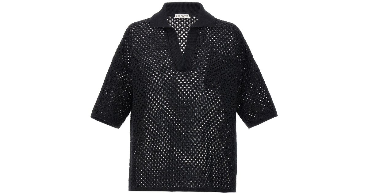 Brunello Cucinelli Openwork Fabric Shirt Polo Black | Lyst