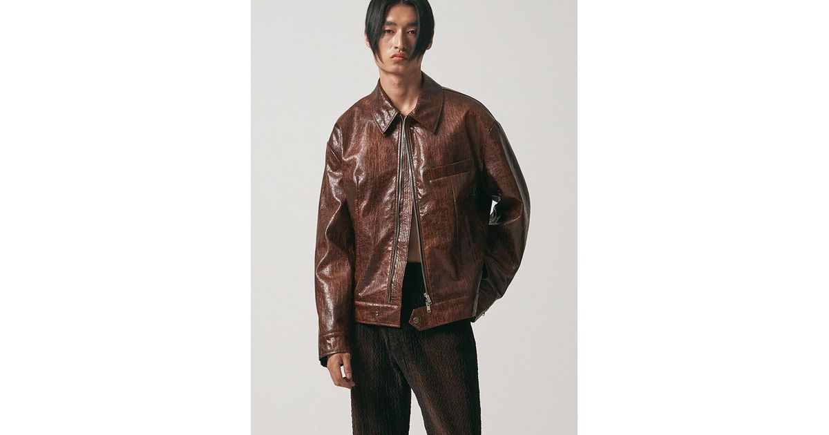 Noirer Crack Skin Cropped Leather Jacket in Brown for Men | Lyst